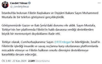 Cumhurbaşkanı Yardımcısı Yılmaz, Filistin Başbakanı Mustafa ile görüştü